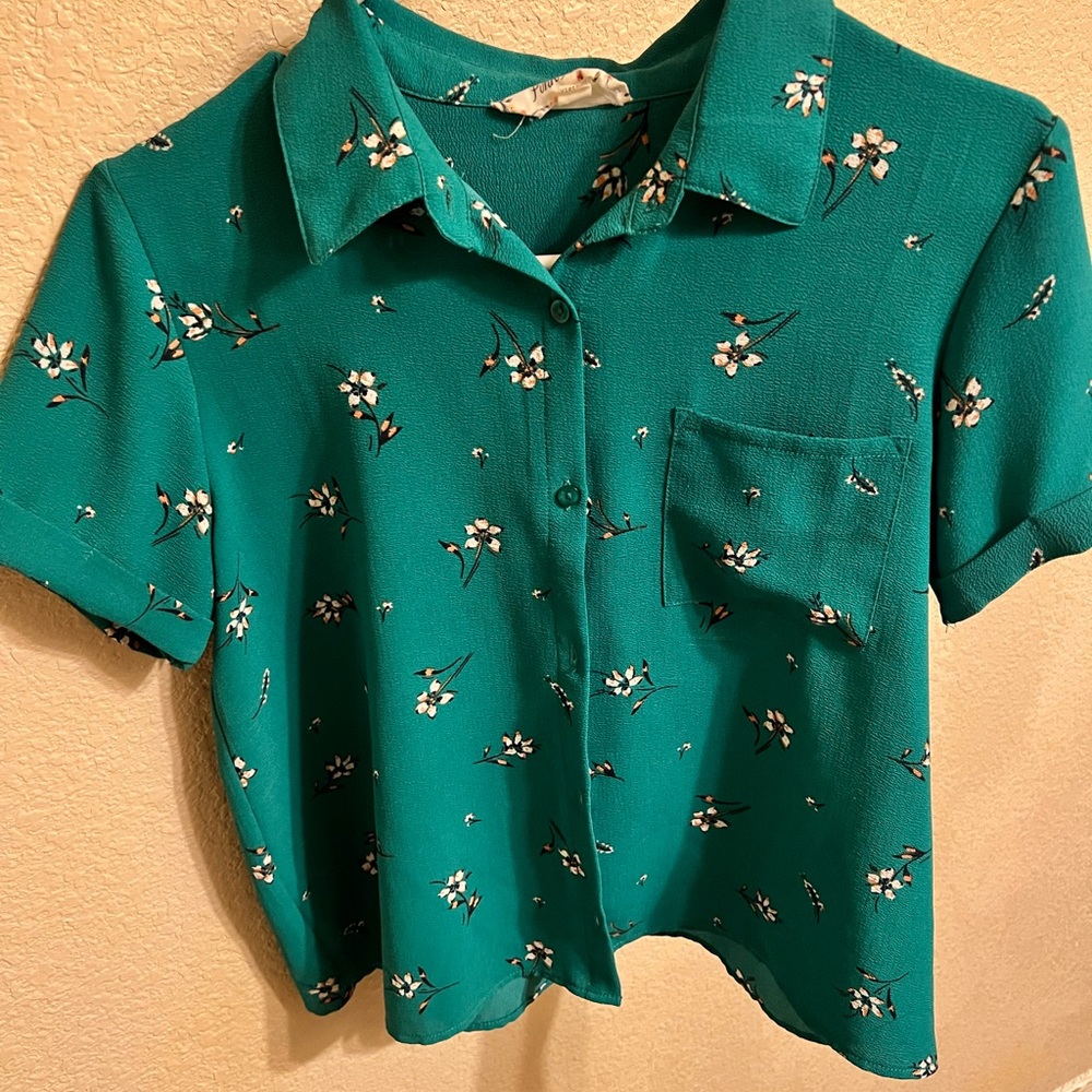 Pink Rose Teal Floral Button Down Shirt